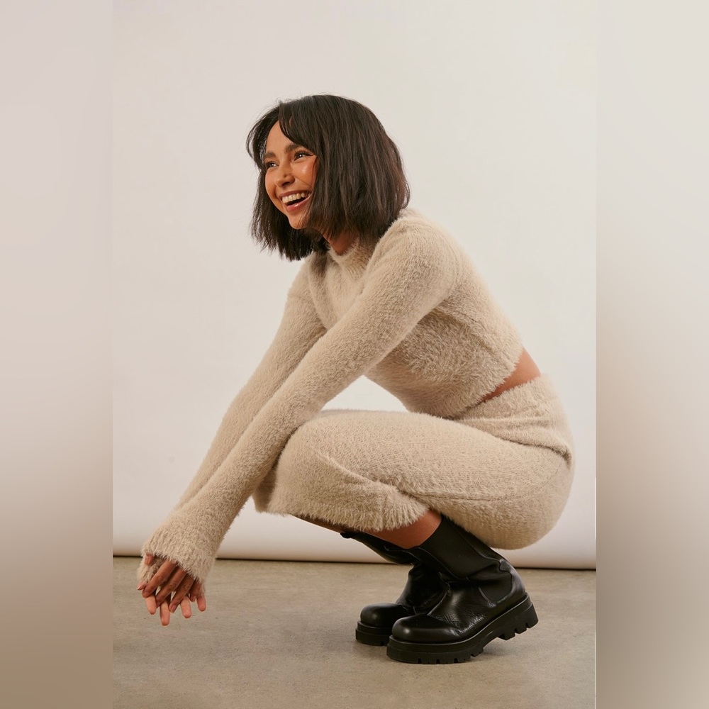 NA-KD Cropped Fuzzy Knitted 3/4 Sleeved Sweater and Knitted Fuzzy Midi Skirt